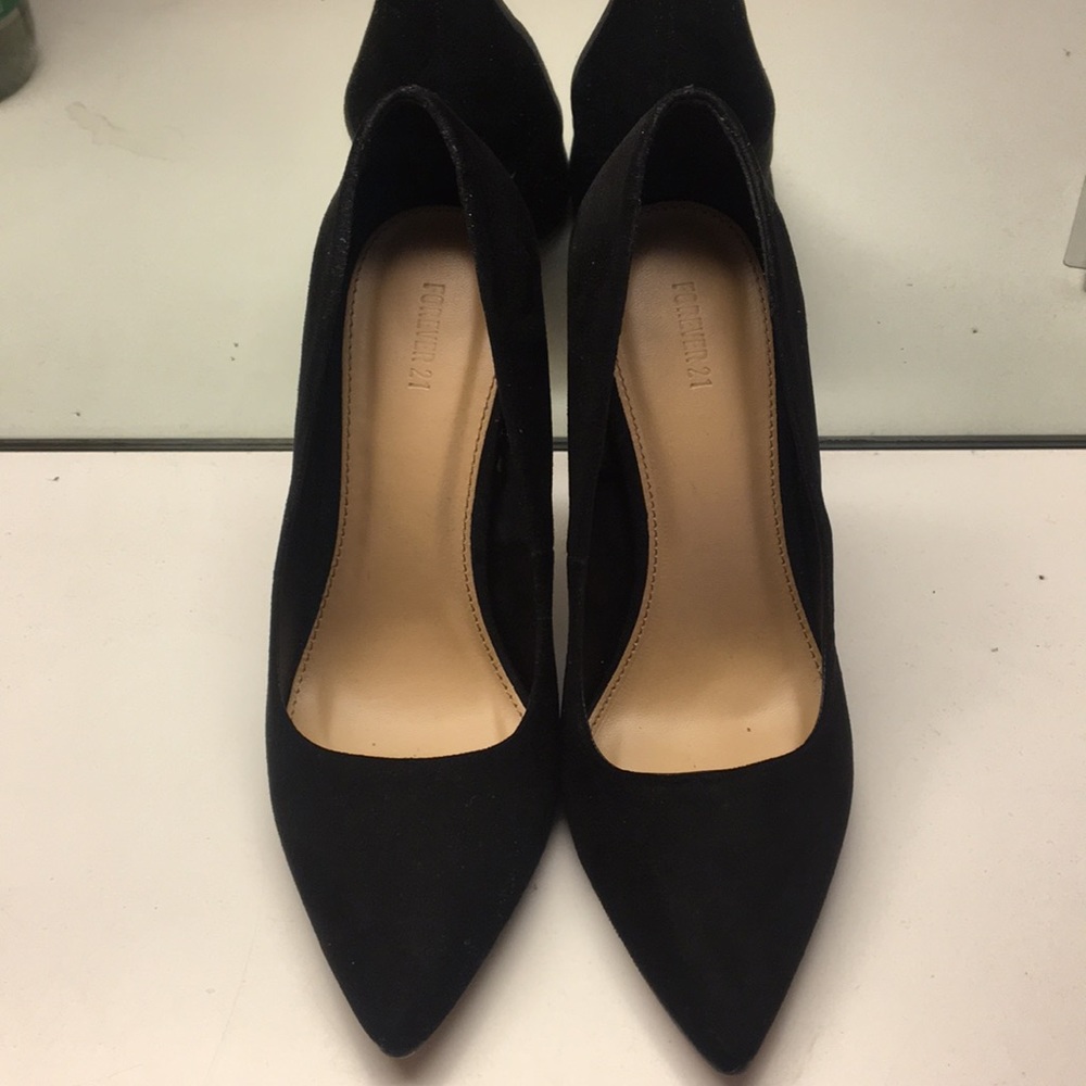 Black faux suede heels